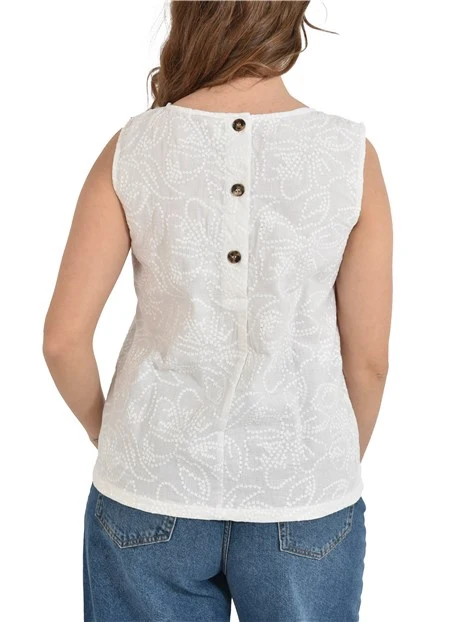 TOP IN COTONE E LINO RICAMATO CON MOTIVO FLOREALE DONNA BIANCO