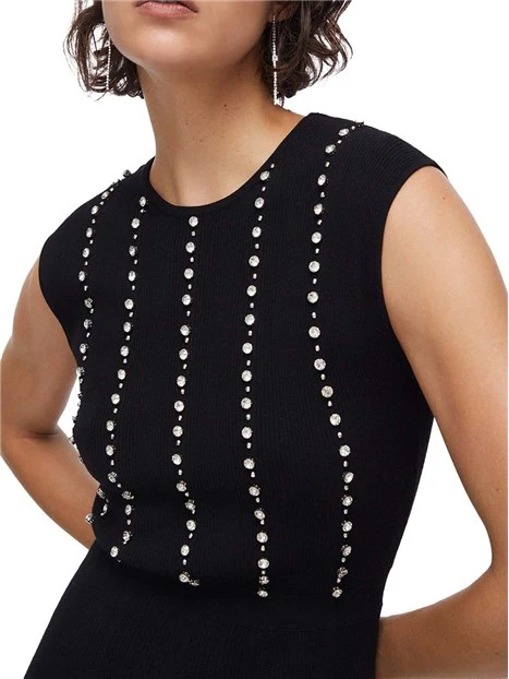 VESTITO CORTO CON RICAMO DECORATIVO APPLICATO DONNA NERO