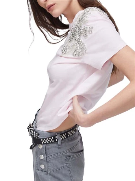 T-SHIRT MANICA CORTA CON DETTAGLIO GIOIELLO SULLA SPALLA DONNA ROSA