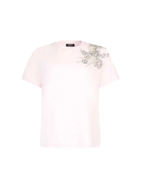 T-SHIRT MANICA CORTA CON DETTAGLIO GIOIELLO SULLA SPALLA DONNA ROSA