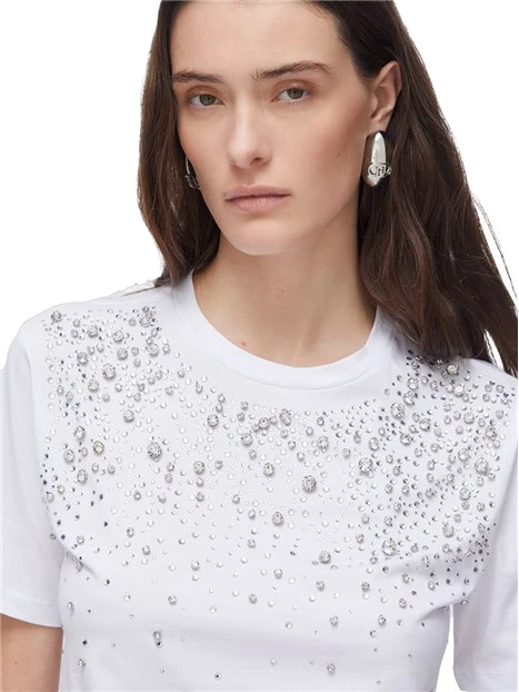 MAGLIA MANICA CORTA CON STRASS APPLICATI DONNA BIANCO
