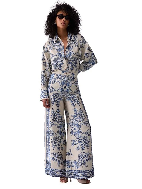 PANTALONI PALAZZO CON STAMPA FOULARD DONNA BIANCO