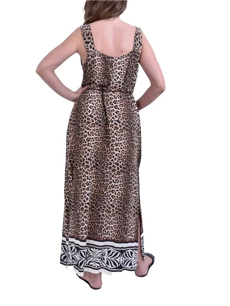 VESTITO LUNGO CON SPALLINE E FANTASIA ANIMALIER DONNA MARRONE
