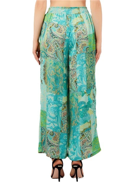 PANTALONI PALAZZO IN VISCOSA CON STAMPA DONNA VERDE