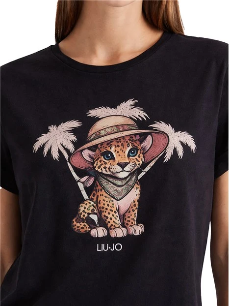 T-SHIRT MANICA CORTA CON STAMPA LEOPARDO DONNA NERO