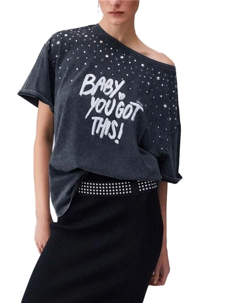 T-SHIRT MANICA CORTA CON STAMPA FRONTALE DONNA NERO