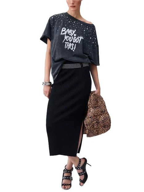 T-SHIRT MANICA CORTA CON STAMPA FRONTALE DONNA NERO