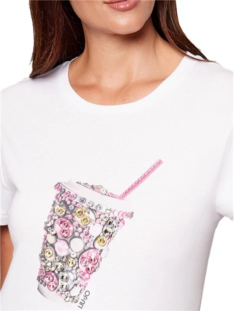 T-SHIRT MANICA CORTA CON STAMPA ESTIVA  DONNA BIANCO