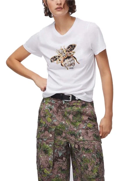 T-SHIRT MANICA CORTA CON STAMPA APE E STRASS DONNA BIANCO