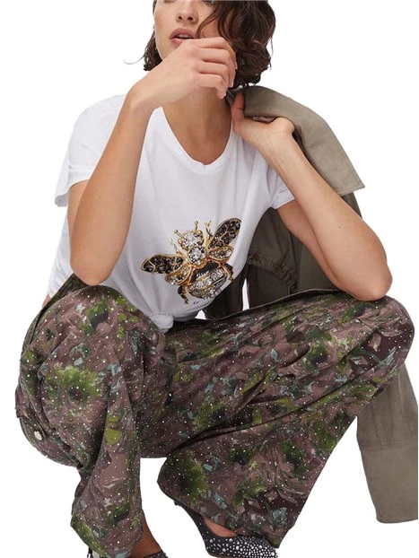 T-SHIRT MANICA CORTA CON STAMPA APE E STRASS DONNA BIANCO