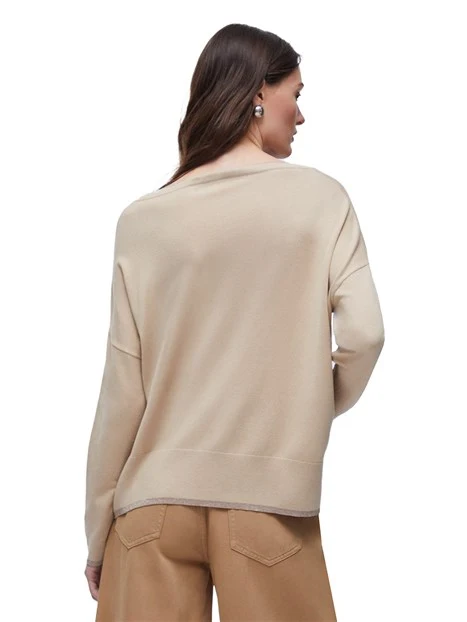 MAGLIA SCOLLO A BARCA CON LOGO RICAMATO DONNA BEIGE