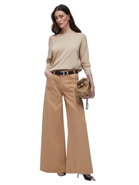 MAGLIA SCOLLO A BARCA CON LOGO RICAMATO DONNA BEIGE