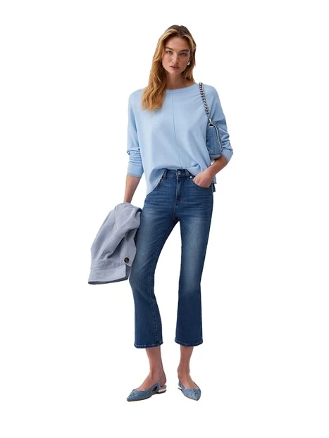 MAGLIA SCOLLO A BARCA CON LOGO RICAMATO DONNA BLU