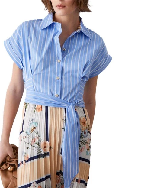 VESTITO LUNGO GONNA PLISSE' E TOP CON BOTTONI DONNA BLU