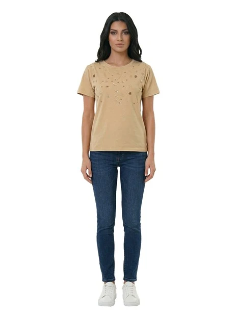 T-SHIRT MANICA CORTA IN COTONE CON RICAMI FLOREALI DONNA BEIGE