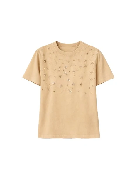 T-SHIRT MANICA CORTA IN COTONE CON RICAMI FLOREALI DONNA BEIGE
