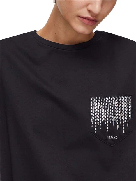 T-SHIRT MANICA CORTA CON TASCA CON STRASS DONNA NERO