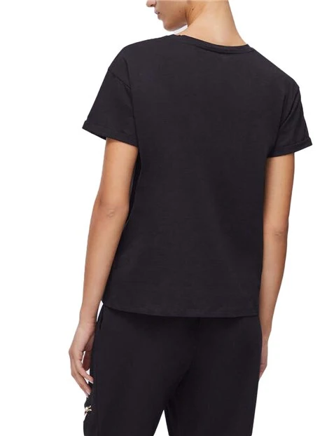 T-SHIRT MANICA CORTA CON TASCA CON STRASS DONNA NERO