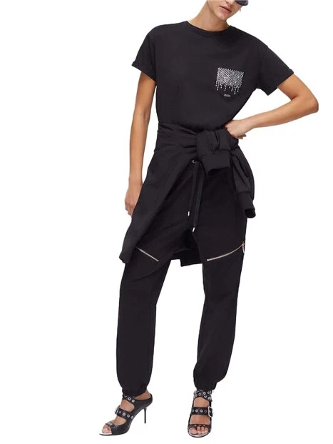 T-SHIRT MANICA CORTA CON TASCA CON STRASS DONNA NERO