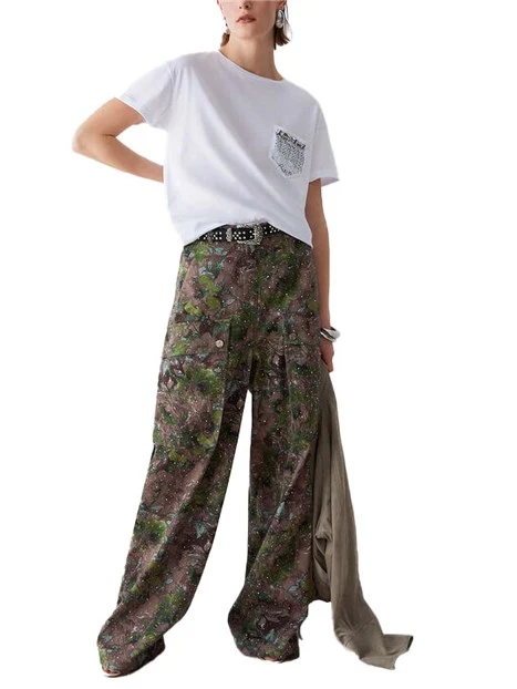 T-SHIRT MANICA CORTA CON TASCA CON STRASS DONNA BIANCO