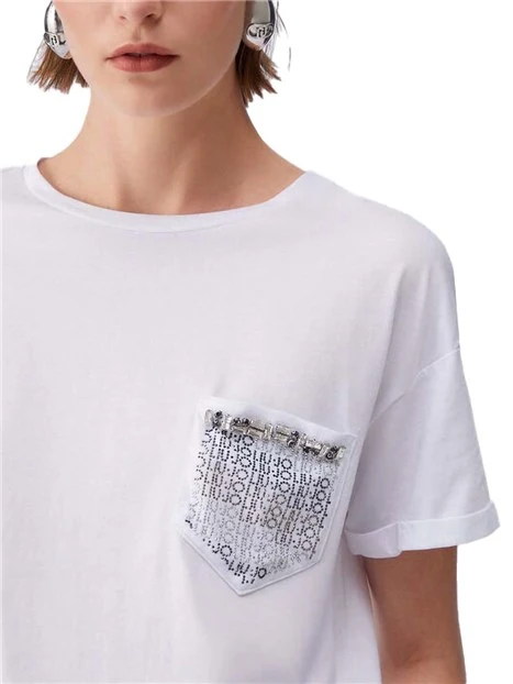 T-SHIRT MANICA CORTA CON TASCA CON STRASS DONNA BIANCO