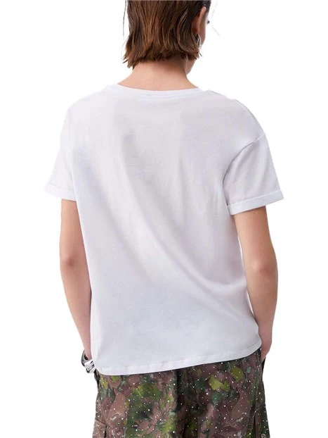 T-SHIRT MANICA CORTA CON TASCA CON STRASS DONNA BIANCO