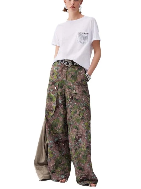 T-SHIRT MANICA CORTA CON TASCA CON STRASS DONNA BIANCO