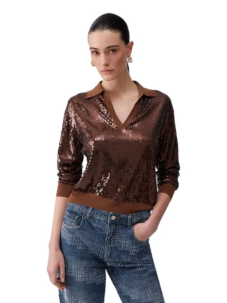 MAGLIA SCOLLO A V CON PAILLETTES RICAMATE DONNA MARRONE