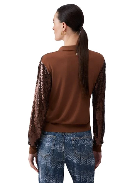 MAGLIA SCOLLO A V CON PAILLETTES RICAMATE DONNA MARRONE
