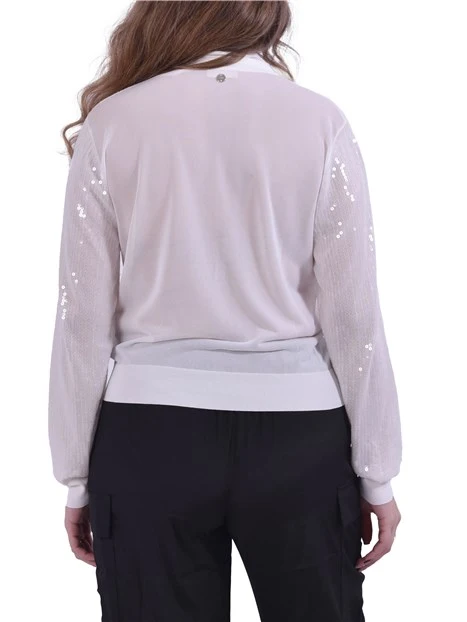 MAGLIA SCOLLO A V CON PAILLETTES RICAMATE DONNA BIANCO