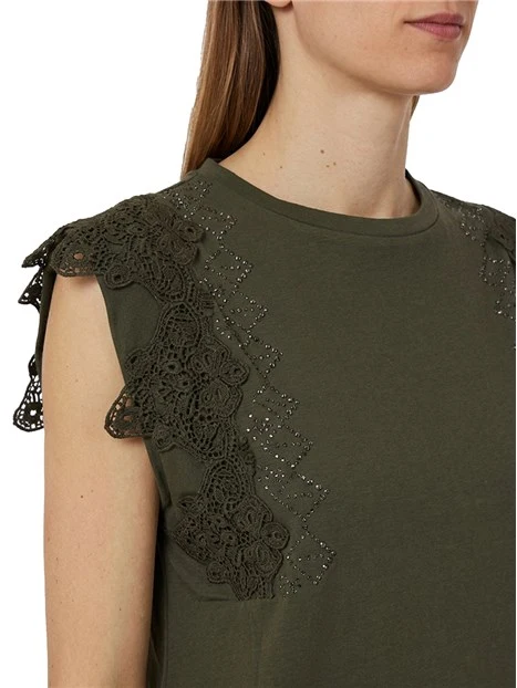 T-SHIRT MANICA CORTA CON PIZZO DONNA VERDE