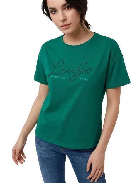 T-SHIRT MANICA CORTA IN COTONE LOGO RICAMATO DONNA VERDE
