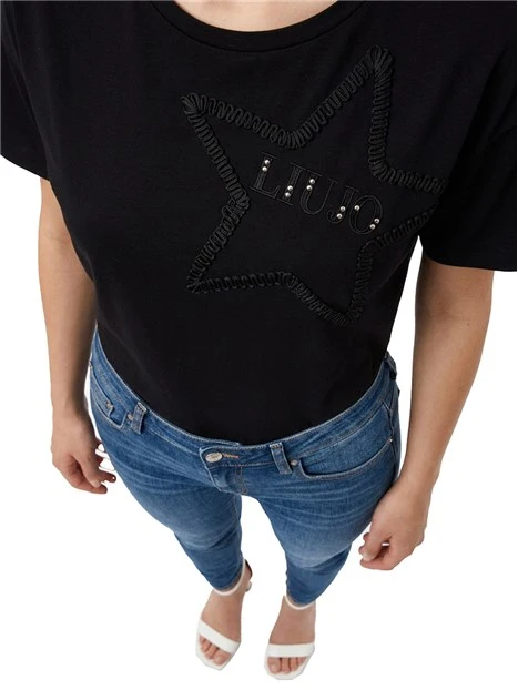 T-SHIRT MANICA CORTA IN COTONE LOGO RICAMATO DONNA NERO