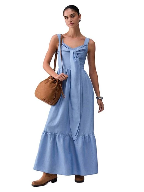 VESTITO LUNGO CON DETTAGLIO INCROCIO SUL PETTO DONNA CELESTE