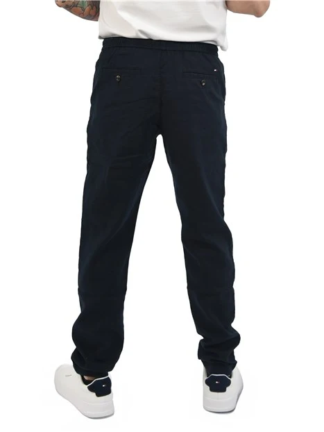 PANTALONI JOGGERS IN MISTO LINO CON  LOGO POSTERIORE UOMO BLU