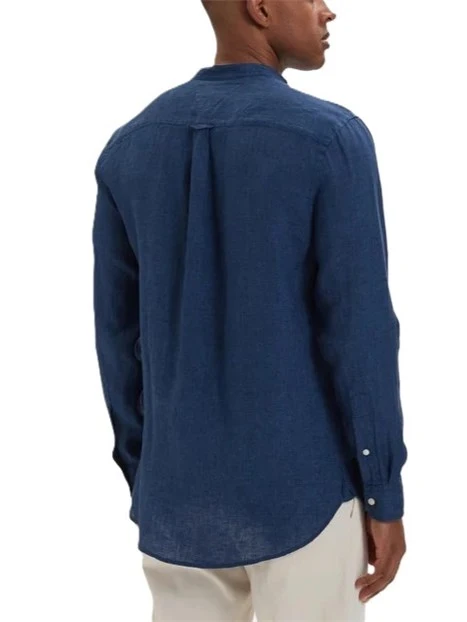 CAMICIA COREANA IN LINO CON DETTAGLIO RICAMATO UOMO BLU