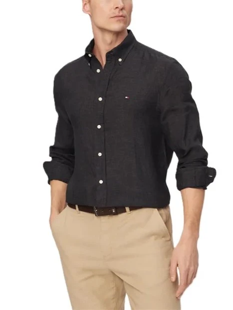CAMICIA CASUAL IN PURO LINO CON DETTAGLIO RICAMATO UOMO NERO