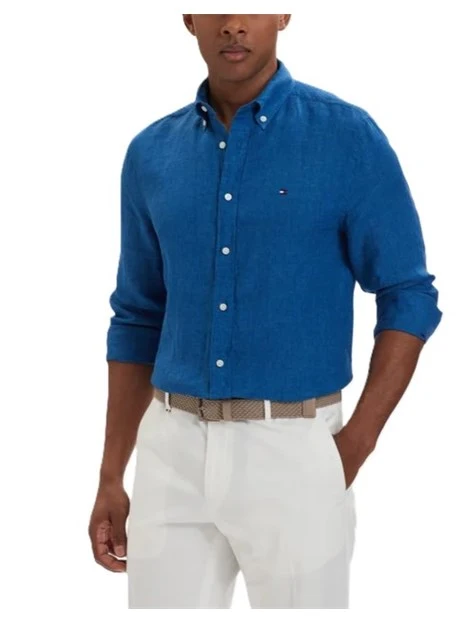 CAMICIA CASUAL IN PURO LINO CON DETTAGLIO RICAMATO UOMO  BLU CHIARO