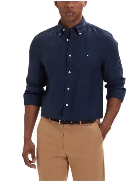 CAMICIA CASUAL IN PURO LINO CON DETTAGLIO RICAMATO UOMO  BLU SCURO