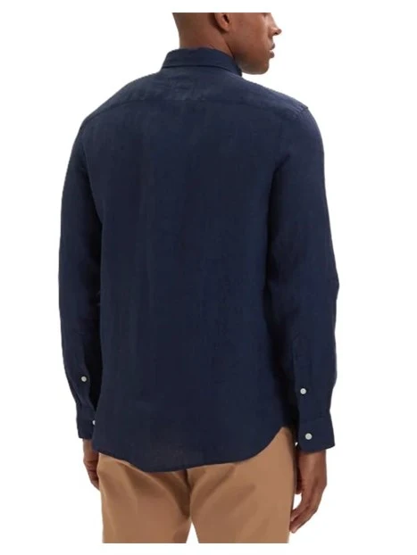 CAMICIA CASUAL IN PURO LINO CON DETTAGLIO RICAMATO UOMO  BLU SCURO