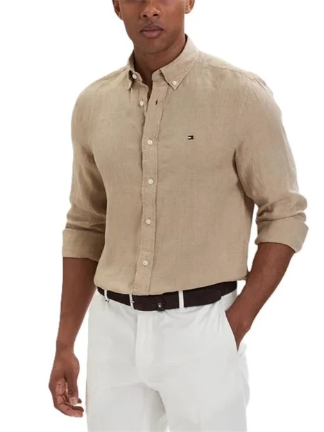 CAMICIA CASUAL IN PURO LINO CON DETTAGLIO RICAMATO UOMO BEIGE