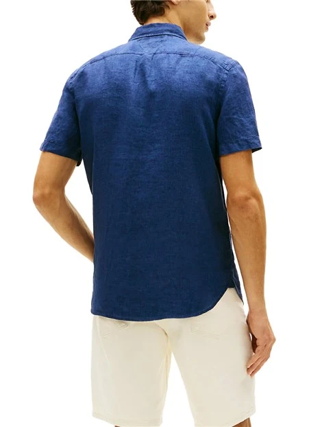 CAMICIA MANICA CORTA IN PURO LINO CON LOGO RICAMATO UOMO BLU