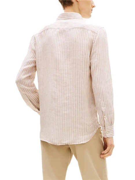 CAMICIA CASUAL IN MISTO LINO E COTONE CON MOTIVO A RIGHE UOMO BEIGE