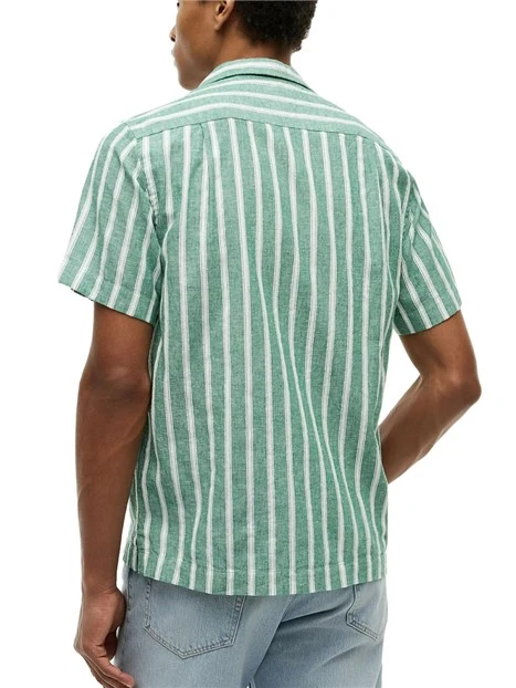 CAMICIA MANICA CORTA IN MISTO LINO E COTONE CON MOTIVO A RIGHE UOMO VERDE