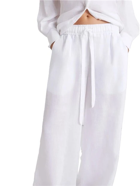 PANTALONI PALAZZO IN PURO LINO CON ELASTICO IN VITA CON COULISSE DONNA  BIANCO