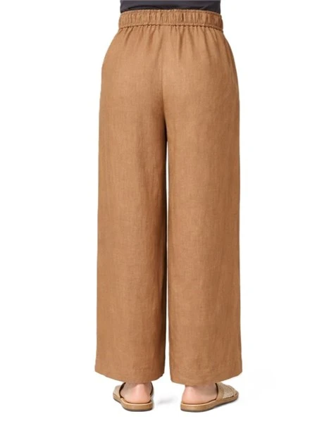 PANTALONI PALAZZO IN PURO LINO CON ELASTICO IN VITA CON COULISSE DONNA MARRONE