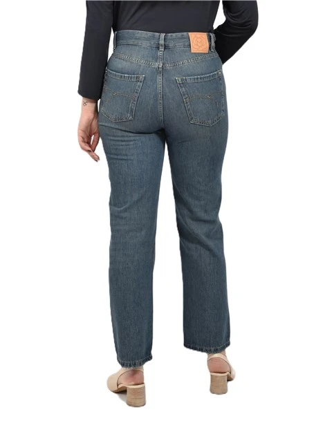 JEANS REGULAR 5 TASCHE CON BOTTONE PERSOLIZZATO ED ETICHETTA IN PELLE DONNA BLU