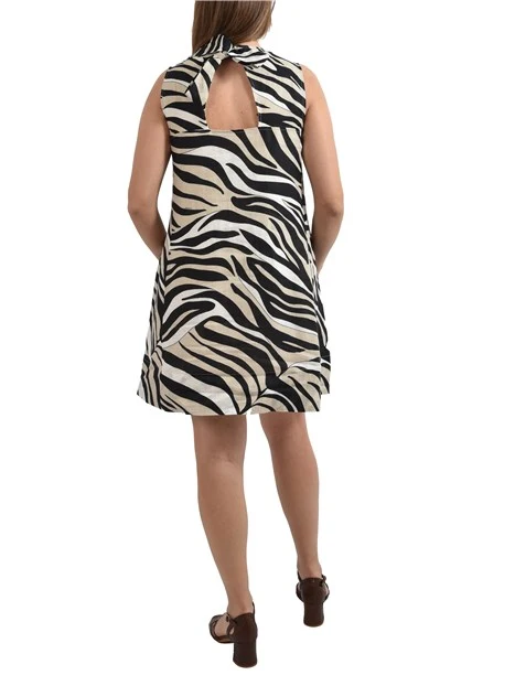 VESTITO CORTO SMANICATO IN LINO STAMPATO DONNA NERO