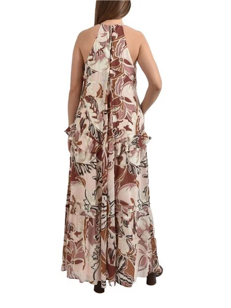 VESTITO LUNGO CON STAMPA ALL OVER E BALZE DONNA MARRONE
