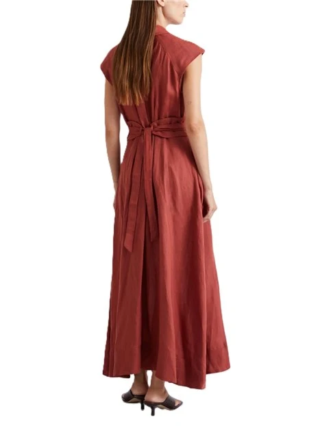 VESTITO LUNGO CHEMISIER IN PURO LINO CON CINTURA COORDINATA DONNA ROSSO